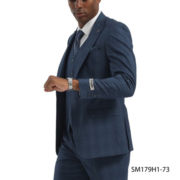 Indigo Glen Check Peak Lapel 3 Piece Stacy Adams Men's Suit - Picture 1 of 3